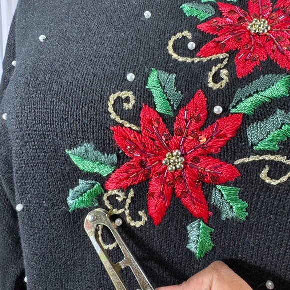 Victoria Jones Black Christmas Sweater Poinsettia Beaded Embroidery (Size 1XL) - Picture 11 of 11